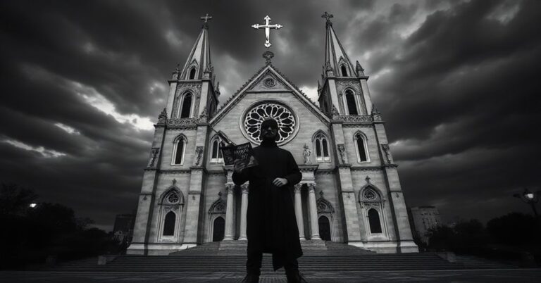 Czarno-biały zdjęcie przedstawiająca osobę trzymającą materiały satanistyczne i ładunki wybuchowe przed katedrą św. Mateusza w Waszyngtonie