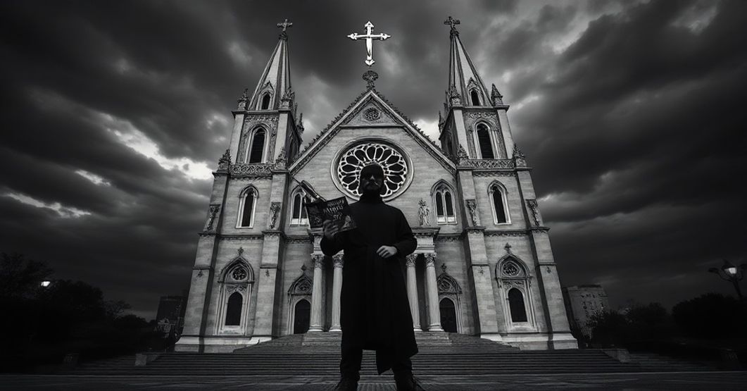 Czarno-biały zdjęcie przedstawiająca osobę trzymającą materiały satanistyczne i ładunki wybuchowe przed katedrą św. Mateusza w Waszyngtonie