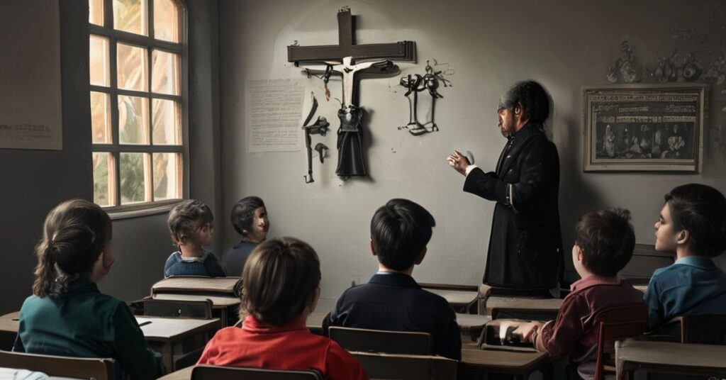 Nauczycielka usuwa krzyż z klasy podczas lekcji w Kielnie, podczas gdy prokurator prowadzi przesłuchanie dzieci bez obecności rodziców. Scena symbolizuje atak na wolność religijną i prawa rodzicielskie.