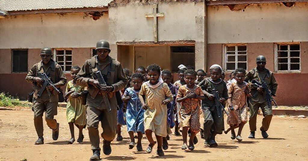 Grupa przerażonych katolickich dzieci i nauczycieli porywanych przez uzbrojonych islamskich ekstremistów podczas ataku na katolicką szkołę w Papiri w Nigerii