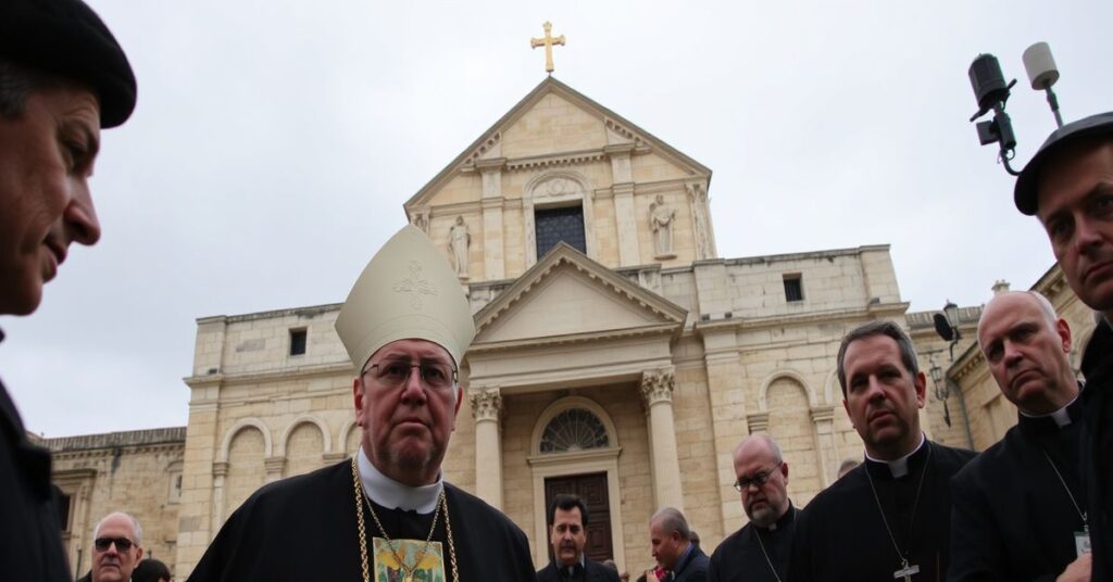 Scena przed Bazyliką Grobu Świętego w Jerozolimie: Łaciński Patriarcha Pierbattista Pizzaballa jest zabraniany wejścia przez izraelskie władze, z dominikaninem Olivierem Poquillonem u jego boku.