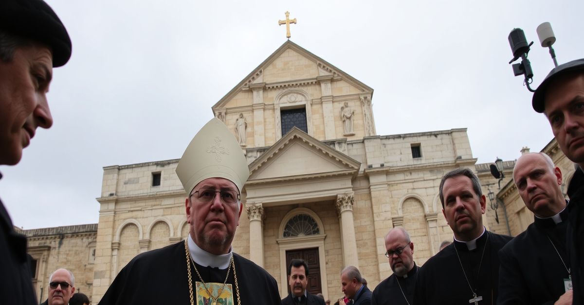 Scena przed Bazyliką Grobu Świętego w Jerozolimie: Łaciński Patriarcha Pierbattista Pizzaballa jest zabraniany wejścia przez izraelskie władze, z dominikaninem Olivierem Poquillonem u jego boku.