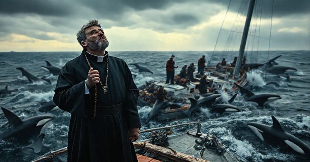 Grupa rozczarowanych marynarzy na uszkodowanym jachcie otoczona groźnymi orkami na morzu