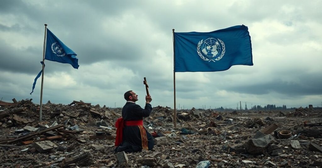 Scena przedstawiająca zniszczony konwój Światowego Programu Żywnościowego ONZ zaatakowany przez siły rosyjskie z kapłanem modlącym się w ruinach.