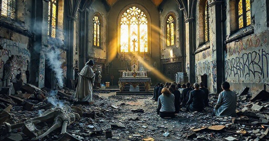Zniszczony kościół katolicki we Francji z wandalizowanymi posągami świętych i palącym się ołtarzem. Wierni modlą się podczas Mszy świętej w ruinach.