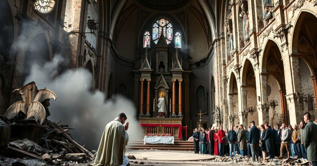 Obraz przedstawiający zbombardowany kościół św. Andrzeja we Lwowie z dymem unoszącym się nad ruinami i księdzem w tradycyjnych szatach modlącego się przed uszkodzonym tabernakulum.