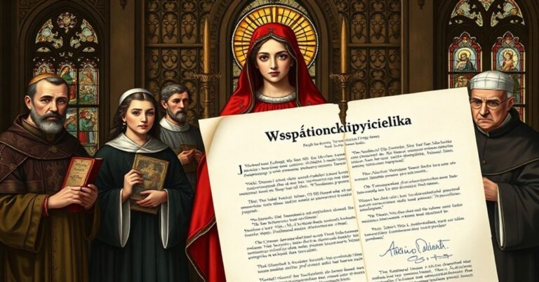 Obraz przedstawiający kontrowersję wokół tytułów maryjnych z perspektywy katolickiej tradycji