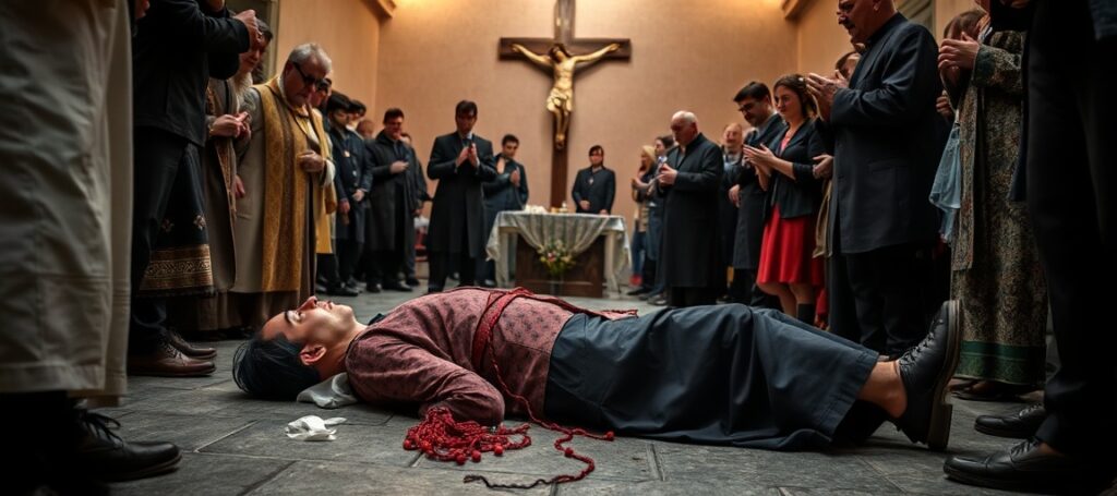 Scena tragicznego ataku w Modenie - ranna Polka otoczona przez modlące się wiernych i księdza udzielającego sakramentu chorych.