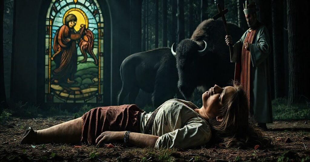 Ranna turystka w lesie po ataku żubra, z księdzem trzymającym krzyż, na tle witrażu ze św. Franciszkiem i wilkiem.