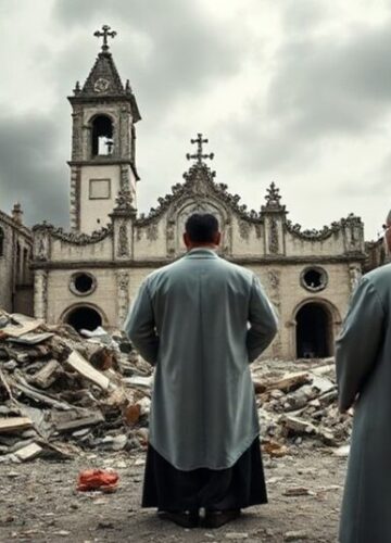 Zniszczenie Kościoła w Strefie Gazy po ataku Hamasu Ksiądz w sutannie modli się przed zniszczonym kościołem w Strefie Gazy po ataku Hamasu. Scena symbolizuje moralny upadek i brak duchowego rozumienia konfliktu izraelsko-palestyńskiego.
