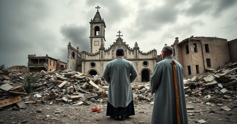 Ksiądz w sutannie modli się przed zniszczonym kościołem w Strefie Gazy po ataku Hamasu. Scena symbolizuje moralny upadek i brak duchowego rozumienia konfliktu izraelsko-palestyńskiego.