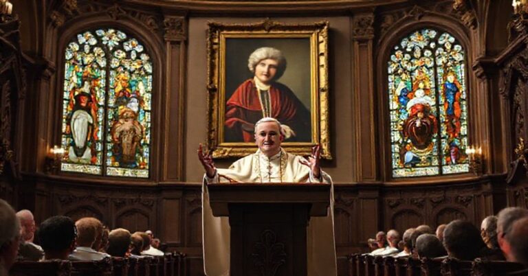 Wnętrze kościoła z prezbiterium, gdzie uzurpator Leon XIV wygłasza przemówienie podczas audiencji jubileuszowej. Na tle witraże z wizerunkami świętych