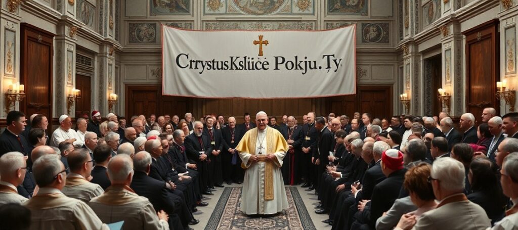 Scena z audiencji uzurpatora Leona XIV w Sali Klementyńskiej w Watykanie podczas Zgromadzenia Generalnego Papieskich Dzieł Misyjnych w 2026 roku. W tle widnieje transparent 'Chrystus Książe Pokoju'. Scena przedstawia brzemienne w propagandę posoborowe elementy.