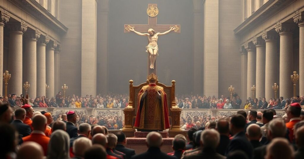 Obraz przedstawiający audiencję generalną uzurpatora Leona XIV w Watykanie z 21 stycznia 2026 r., gdzie propaguje herezję nowoczesnej teologii relacyjnej.