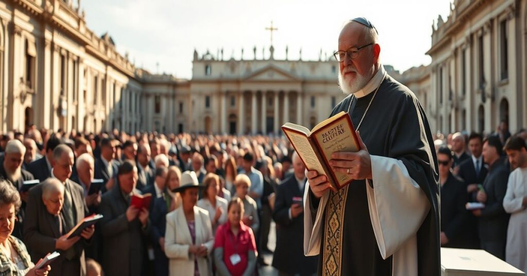 Audiencja generalna z uzurpatorem 'Leona XIV' w Placu św. Piotra; tradycyjny ksiąc ze Starym Testamentem w ręku symbolizuje obronę Pisma Świętego