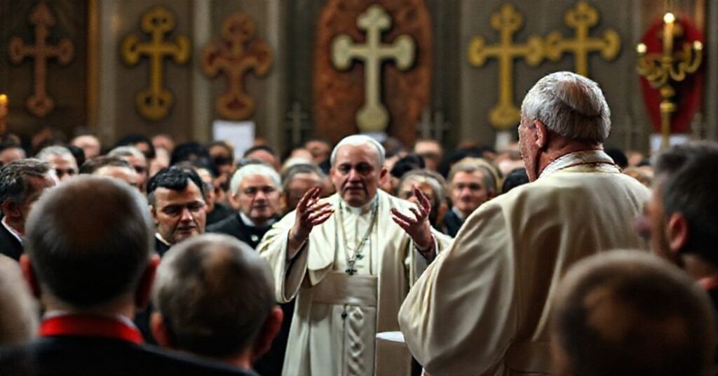 Grupa katolików słuchających modernistycznego mówcy w Watykanie podczas audiencji ogólnej.