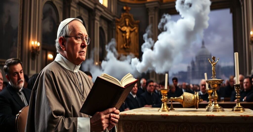 Tradycyjny katoliccki obraz przedstawiający niepokojącą audiencję z fałszywym 'papieżem' 'Leonem XIV' wygłaszającym modernistyczną mowę w Bazylice św. Piotra.