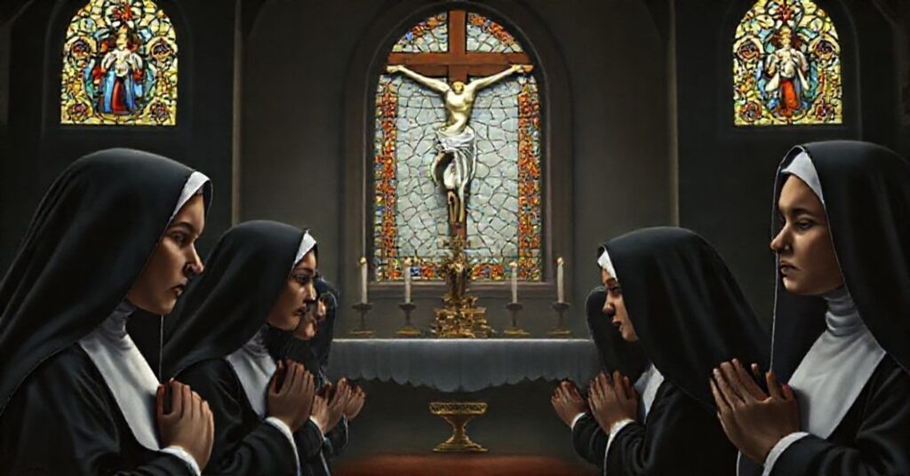 Tradycyjne Augustańskie siostry zakonne modlące się w ciemnym kościele z witrażami przedstawiającymi ukrzyżowanie
