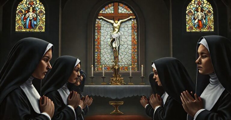 Tradycyjne Augustańskie siostry zakonne modlące się w ciemnym kościele z witrażami przedstawiającymi ukrzyżowanie