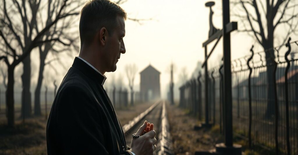 Obraz przedstawiający Auschwitz jako miejsce męczeństwa i pamięci z tradycyjnym katolickim kapłanem w modlitwie.