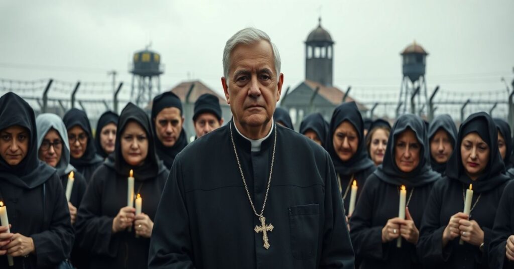 Prezydent Karol Nawrocki na Auschwitz w otoczeniu modlących się katolików z różańcami i świecami.