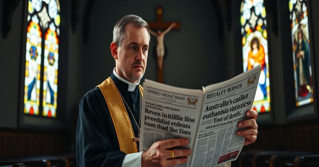 Kleryk w tradycyjnych szatach liturgicznych rozgląda się z smutkiem na gazetę z nagłówkami o eutanazji w Australii, na tle kościoła z witrażami i krzyżem.