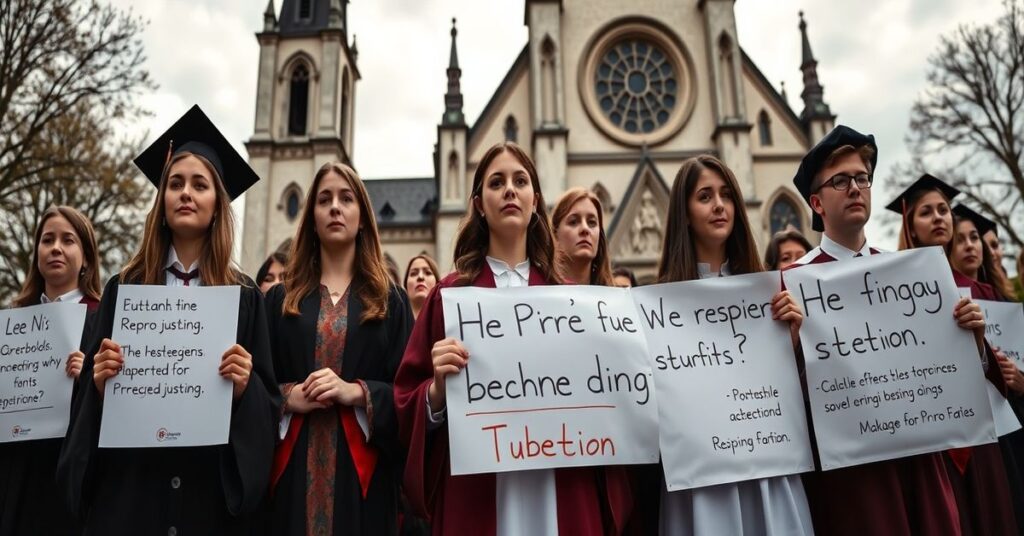 Młodyi studenci austriaccy trzymają plakaty protestacyjne przed kościołem w Wiedniu, wypowiadając się przeciwko finansowaniu aborcji z ich składek studenckich.