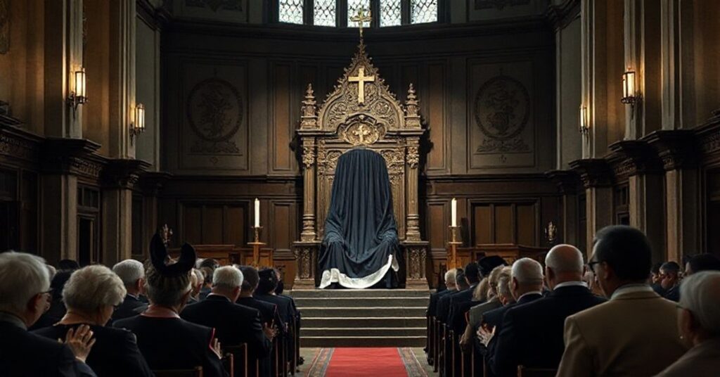 Wnętrze tradycyjnego kościoła katolickiego z pustym tronem biskupim przykrytym czarnym materiałem, z grupą tradycyjnych katolików w modlitwie.