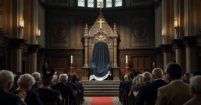 Wnętrze tradycyjnego kościoła katolickiego z pustym tronem biskupim przykrytym czarnym materiałem, z grupą tradycyjnych katolików w modlitwie.
