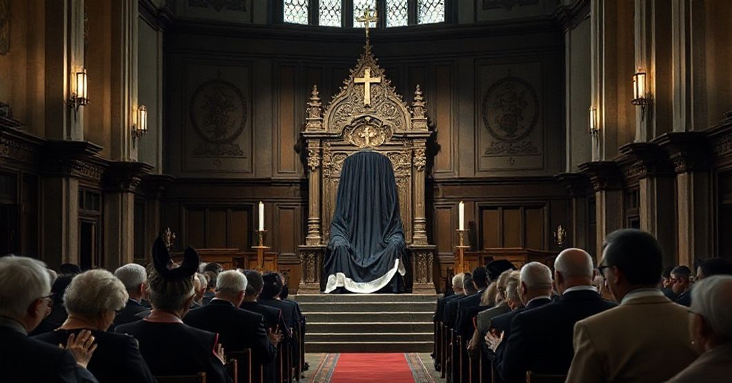 Wnętrze tradycyjnego kościoła katolickiego z pustym tronem biskupim przykrytym czarnym materiałem, z grupą tradycyjnych katolików w modlitwie.