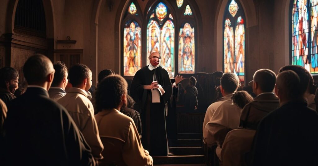 Grupa młodzieży uczestnicząca w tradycyjnej katechezie w kościele katolickim. Scena podkreśla autentyczną formację duchową młodzieży.