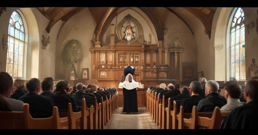 Tradycyjny wnętrze kościoła z kaznodzieją odczytującym Pismo Święte podczas nieszpory