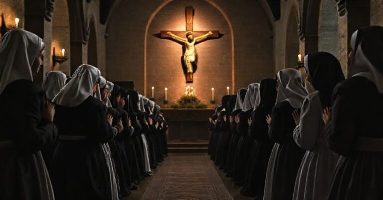 Stojący na kolanach zakonnicy i zakonnice w tradycyjnych habitach w kaplicy przy świetle świec przed krucyfiksem - symbol autentycznej konsekracji katolickiej.