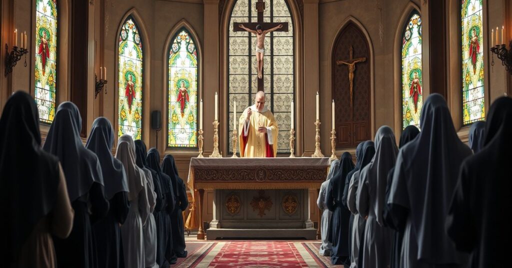 Scena autentycznej Mszy Świętej według rytu trydenckiego z kapłanem w pełnym stroju liturgicznym i modlącymi się kobietami