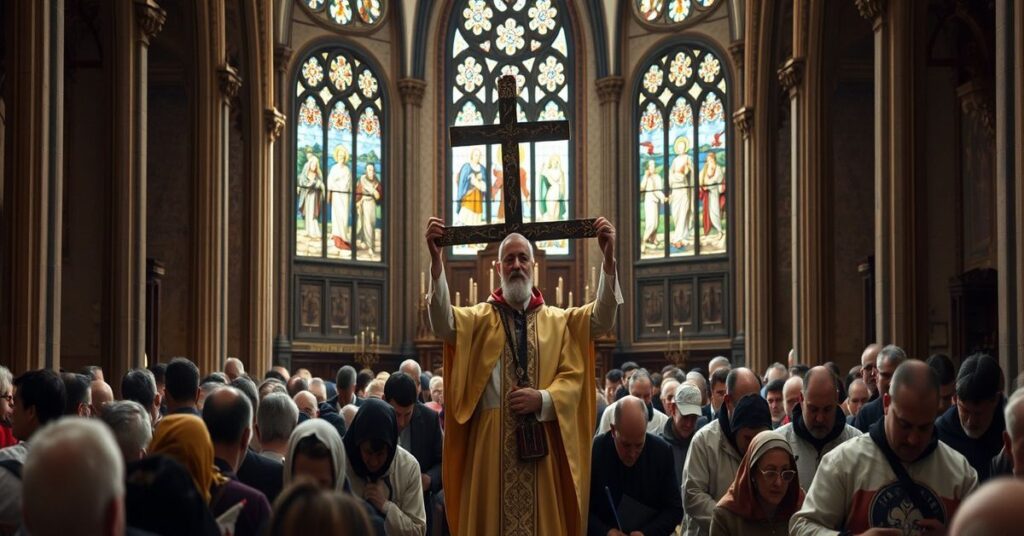 Pielgrzymka wielkanocna w tradycyjnym polskim kościele z modlącymi się wiernymi i krzyżem pokrytym krwią Chrystusa