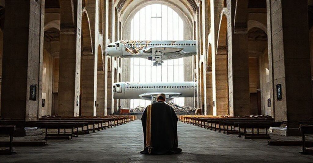 Pusty wnętrze katedry w Stambule z widocznym uszkodzonym samolotem Airbus A320neo na tle, symbolizujące kryzys struktur posoborowych. Na pierwszym planie samotny ksiądz w tradycyjnych szatach modli się w kontrastu do chaosu modernistycznego na zewnątrz.