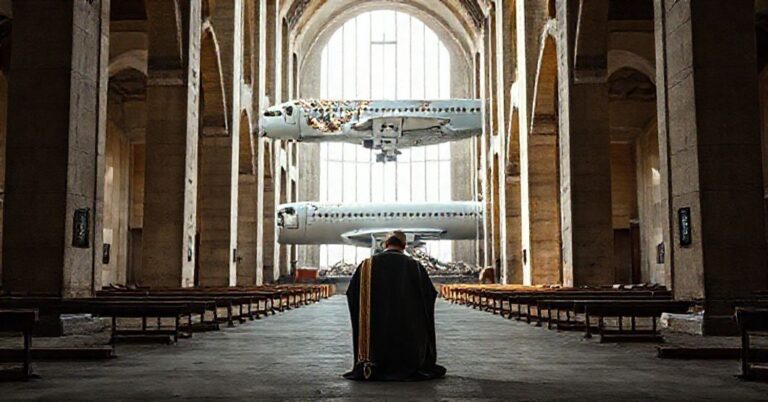 Pusty wnętrze katedry w Stambule z widocznym uszkodzonym samolotem Airbus A320neo na tle, symbolizujące kryzys struktur posoborowych. Na pierwszym planie samotny ksiądz w tradycyjnych szatach modli się w kontrastu do chaosu modernistycznego na zewnątrz.