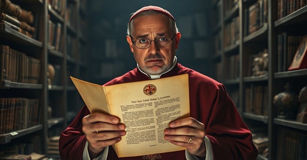 Tradycyjny katolicki badacz w stroju liturgicznym analizuje starożytne artefakty z obawą na twarzy, trzymając dokument z pieczęcią fałszywego papieża Leona XIV w ciemnym, staromiejskim sklepie księgowym.