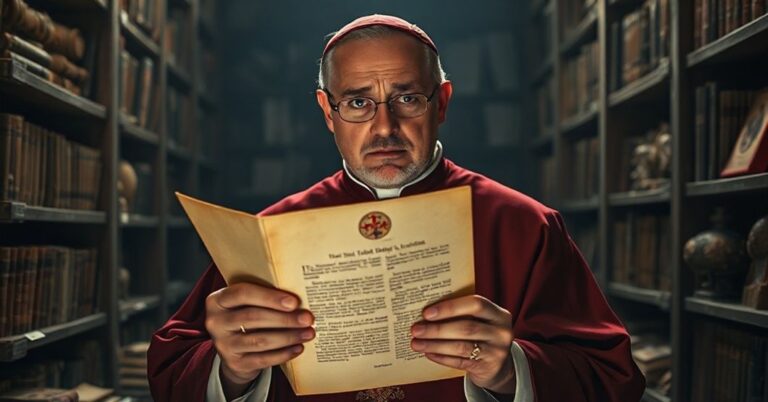 Tradycyjny katolicki badacz w stroju liturgicznym analizuje starożytne artefakty z obawą na twarzy, trzymając dokument z pieczęcią fałszywego papieża Leona XIV w ciemnym, staromiejskim sklepie księgowym.