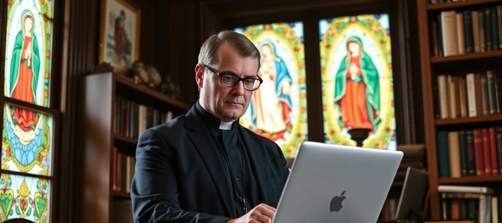 Książęca studia z tradycyjnymi symbolami katolickimi, gdzie badacz Michael New analizuje dane naukowe dotyczące aborcji w Teksasie