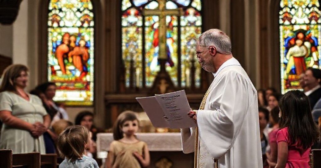 Ksiądz w tradycyjnym kościele trzyma dokument o badaniu lekarzy z Florydy dotyczącym ideologii gender
