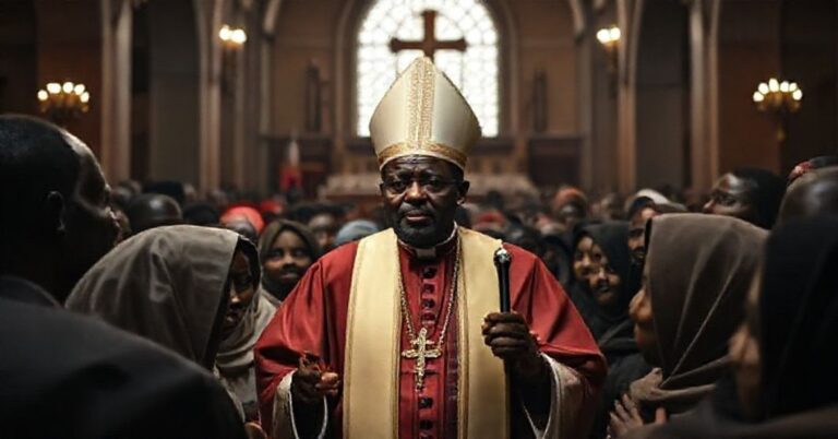 Scena przedstawiająca fałszywego biskupa Johna Bognę Bakeniego z Nigerii podczas przemówienia w Warszawie, otoczonego cierpiącymi chrześcijanami z Nigerii. Tło stanowi smutna katedra w tonach szarych i brązowych.