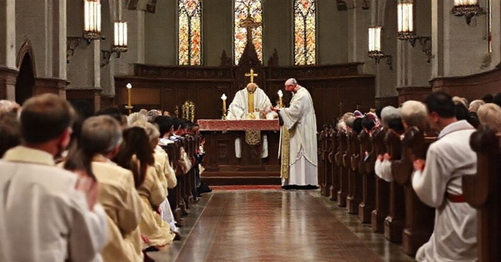 Wierni klęczący przy balaskach podczas przyjęcia Komunii Świętej w tradycyjnym kościele katolickim.