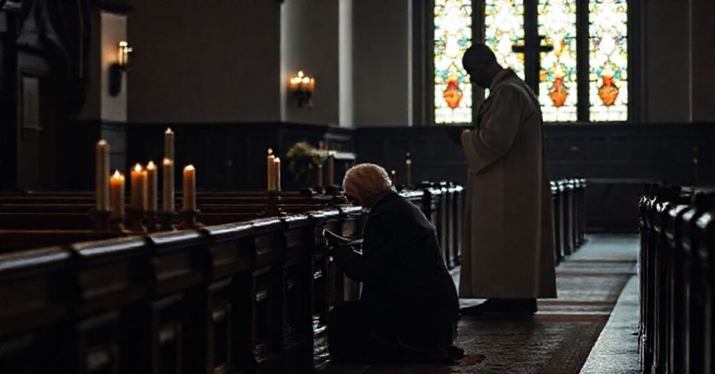 Kobieta klęczy przed ołtarzem przy balasce w tradycyjnym kościele katolickim, odrzucając nowoczesne zmiany liturgiczne