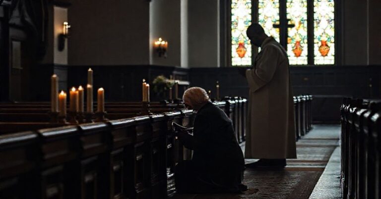 Kobieta klęczy przed ołtarzem przy balasce w tradycyjnym kościele katolickim, odrzucając nowoczesne zmiany liturgiczne