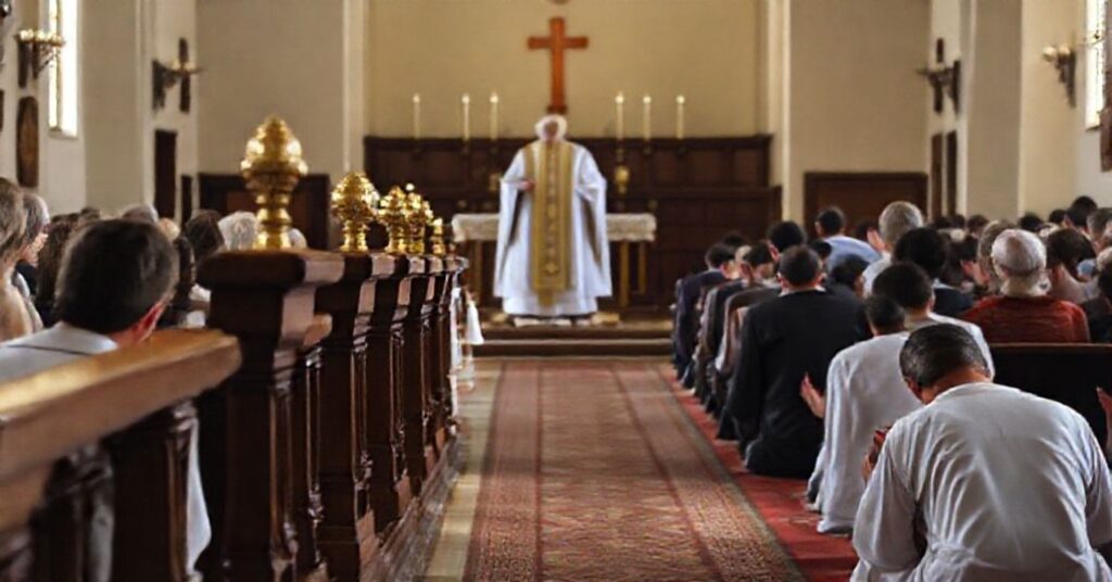 Tradycyjny katolicki wnętrze kościoła z balaskiem podczas Komunii Świętej