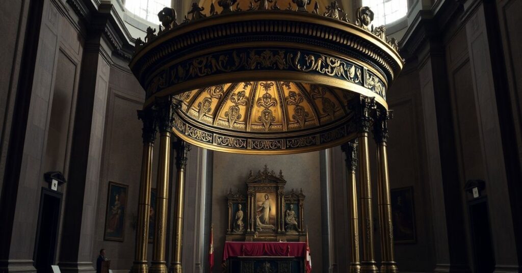Wierny odtworzenie baldachimu Berniniego nad grobem św. Piotra podczas wystawy w Rzymie.