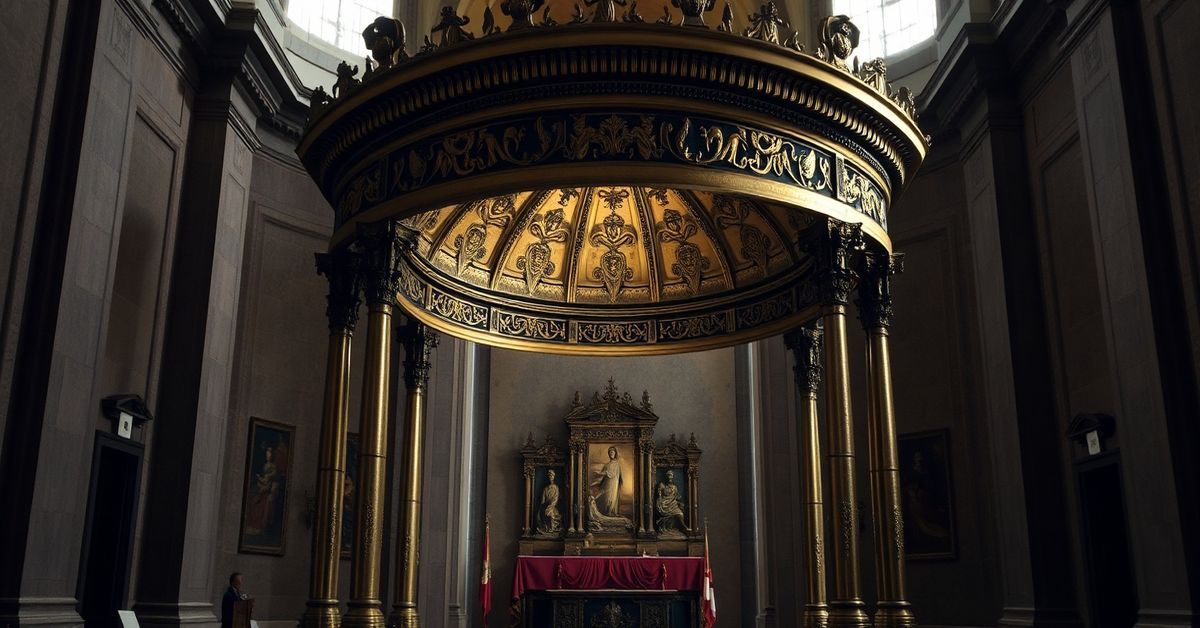 Wierny odtworzenie baldachimu Berniniego nad grobem św. Piotra podczas wystawy w Rzymie.