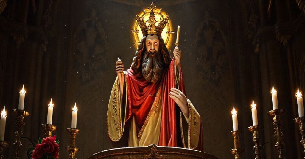 Ciemna kaplica z tradycyjnymi wotami i obrazami świętych, na tle widoczne jest stary obraz Chrystusa Ukrzyżowanego. Przebierający się dzieci w nieodpowiednich strojach świętych, z lekkim ironicznym uśmiechem, stoją obok ołtarza. W tle widoczny jest kleryk w kostiumie świętego, trzymający dmuchaną maskotkę. Scena jest oszklona, z niejasnym, smutnym światłem, co podkreśla kontrast między świętością a profanacją. Zamiast modlitwy widoczne są lampiony i transparenty z pustymi hasłami.