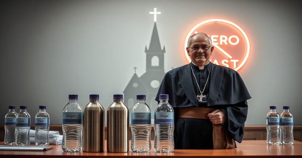 Mężczyzna w tradycyjnym stroju katolickim stoi przed biurkiem firmowym pełnym markowych bidonów z logo. Na tle widoczny jest rozmyty kościół i neony z napisem 'Zero Waste', symbolizujący konflikt między nowoczesnym naturalizmem a prawdziwymi wartościami katolickimi.